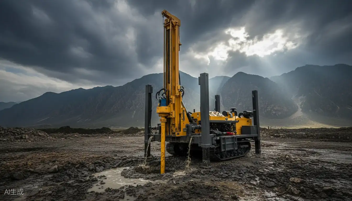 Crawler water well drilling rig in mountain operation